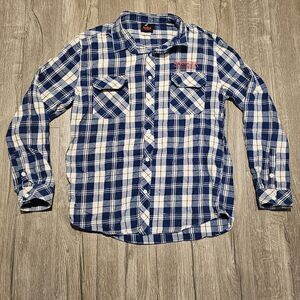 Stranger Things Mens Large Blue White Plaid Long Sleeve Button Flannel Shirt